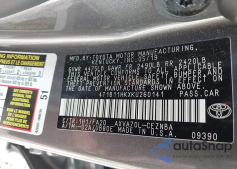 2019 Toyota Camry Le z USA, uszkodzony, nr VIN 4T1B11HKXKU260141